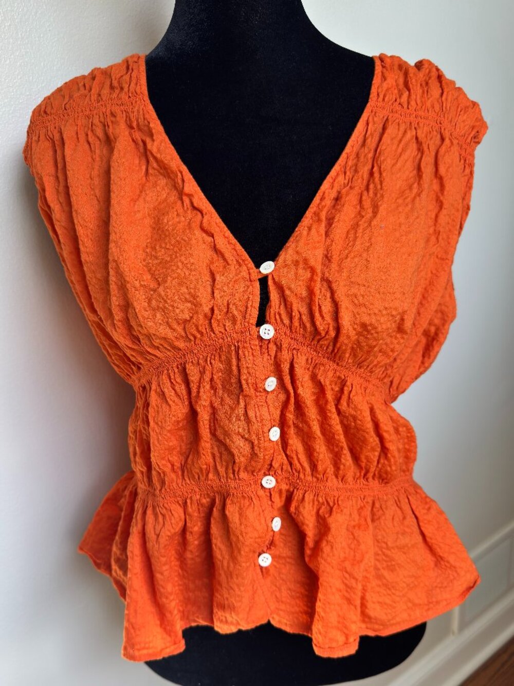 FRAME Orange Crush Ruched V Neck Sleeveless Peplum Cotton Blouse M Boho Chic